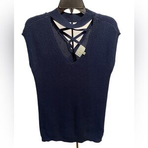 Skies Are Blue V-Neck Navy Sweater with Back Crisscross Detail Medium